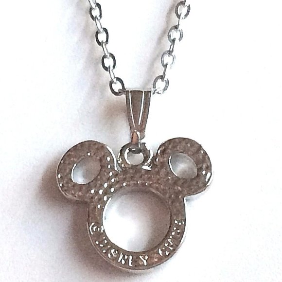Disney Mickey Mouse Ears Necklace Disneyana Crystal Silver Plated 19" Signed - Picture 5 of 9